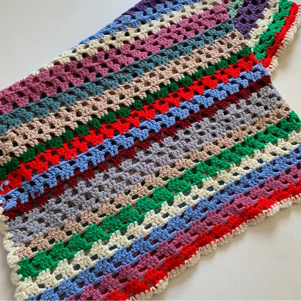 Vintage Handmade Multicolor Crochet Knit Afghan Throw Blanket